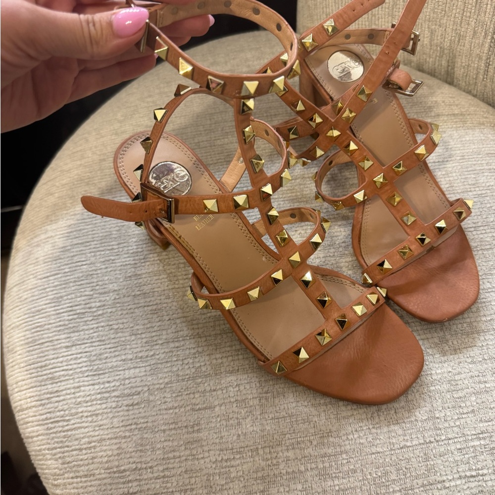 Tan and Gold Heels with Elegant Studded Design